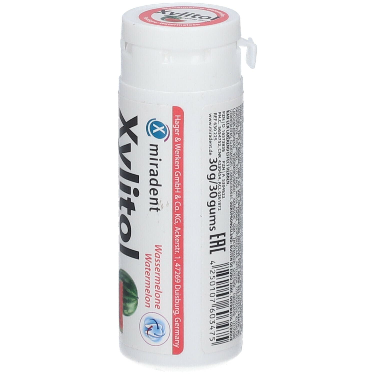Weiße, zylindrische Dose mit roter Beschriftung. Aufdruck: Xylitol Wassermelone. Hersteller: Hager & Werken GmbH & Co. KG, Deutschland.