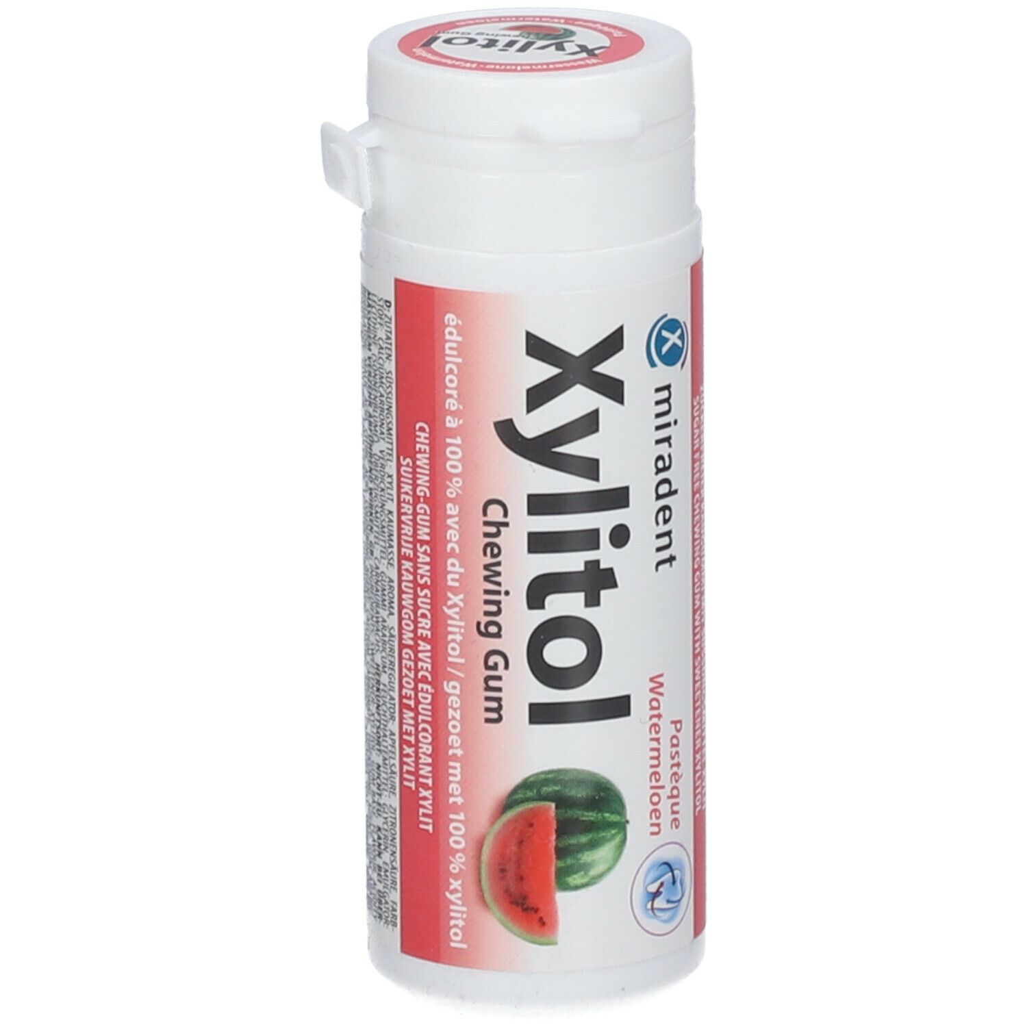 Weiße, zylindrische Dose mit roter und weißer Beschriftung. Aufdruck: Xylitol Chewing Gum Wassermelone. Abbildung einer Wassermelone.