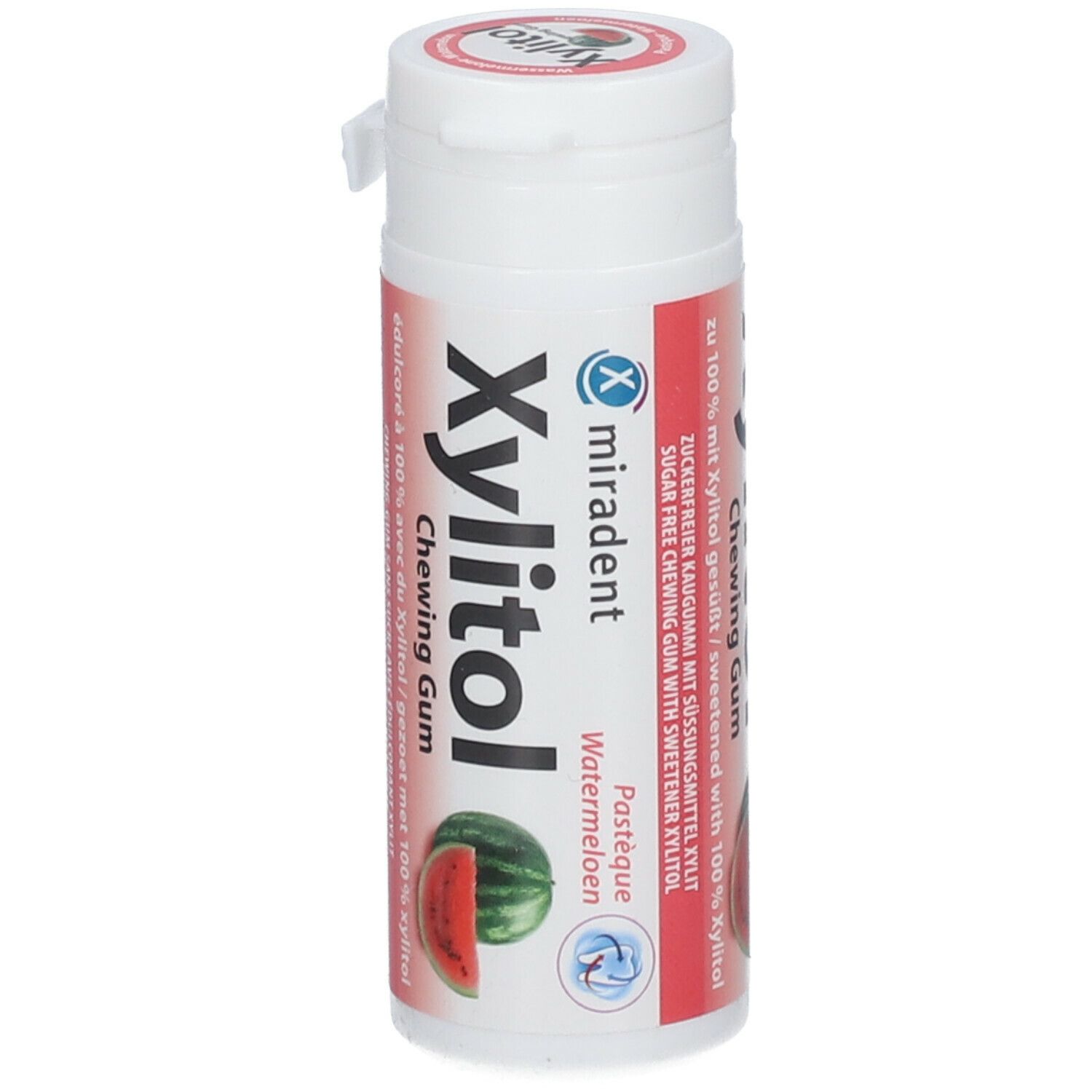 Weiße, zylindrische Dose mit roter und weißer Beschriftung. Aufdruck: Xylitol Chewing Gum Wassermelone. Abbildung einer Wassermelone.