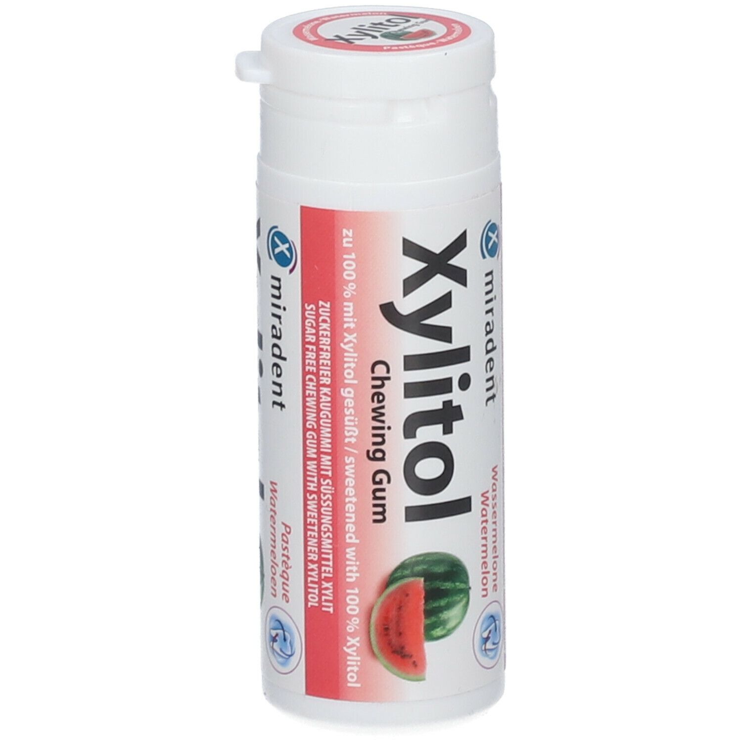 Weiße, zylindrische Dose mit roter und weißer Beschriftung. Aufdruck: Xylitol Chewing Gum Wassermelone. Abbildung einer Wassermelone.