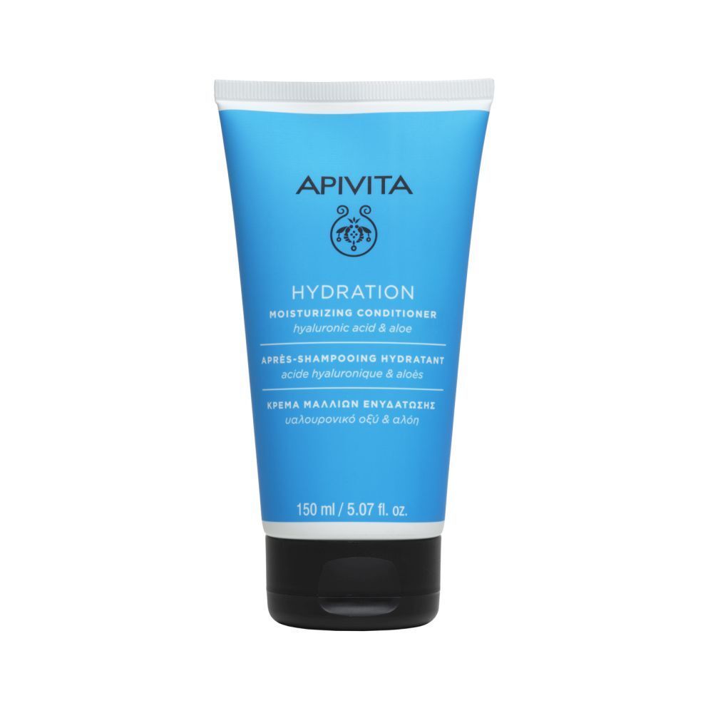 Blauwe tube met zwarte dop. Opschrift: APIVITA HYDRATION, Moisturizing conditioner. 150 ml.