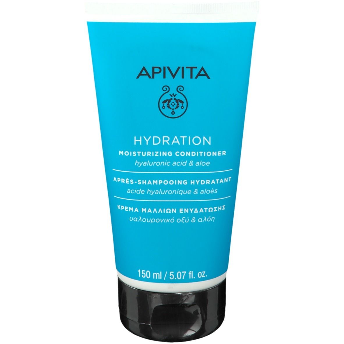 Blauwe tube met zwarte dop. Opschrift: APIVITA HYDRATION, Moisturizing conditioner. 150 ml.