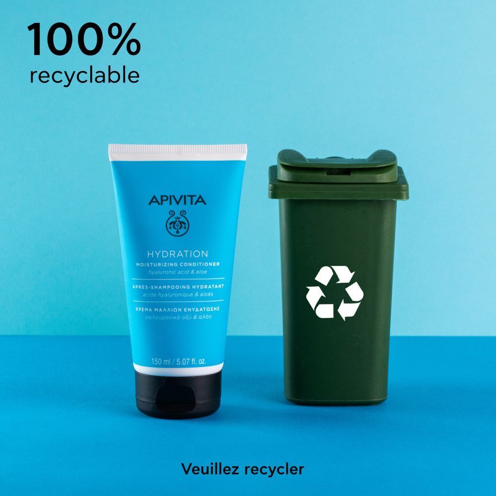 Produit à côté d'une poubelle verte avec symbole de recyclage. Texte: 100% recyclable.
