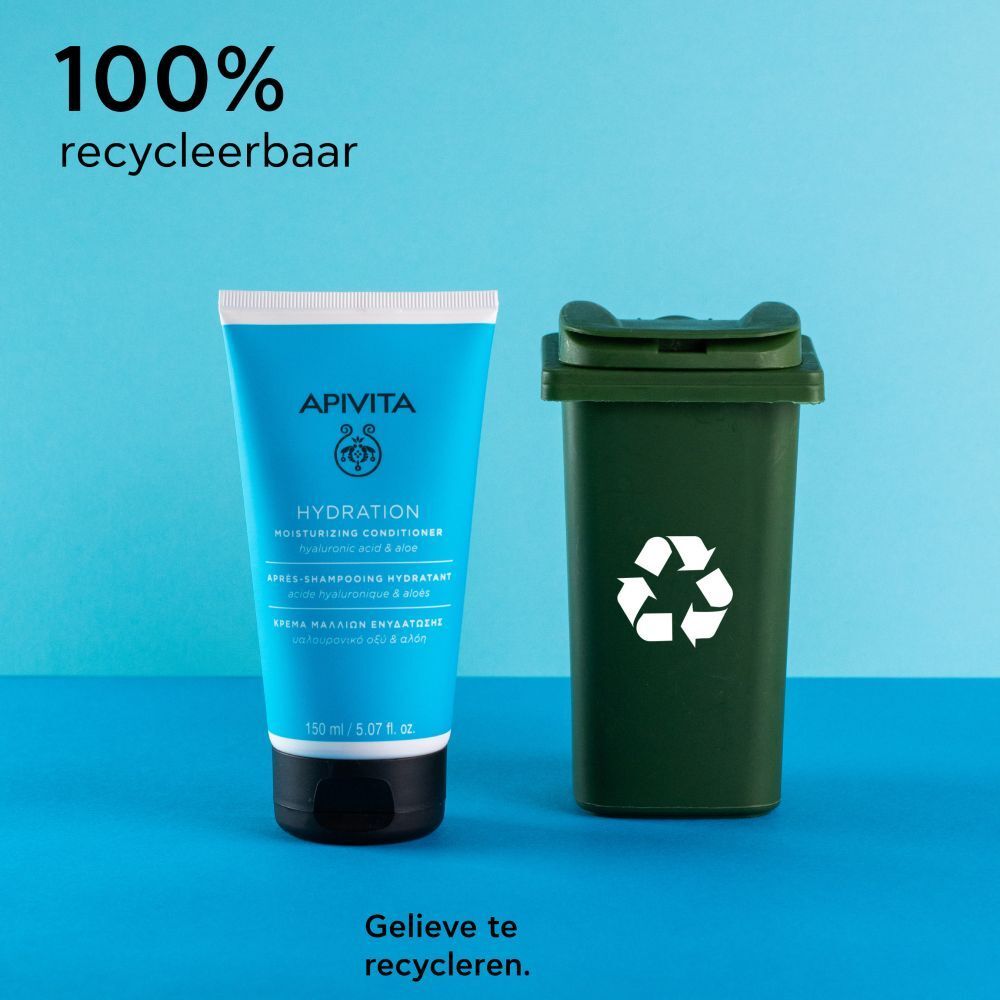Product naast een groene vuilnisbak met recyclagesymbool. Tekst: 100% recyclebaar.
