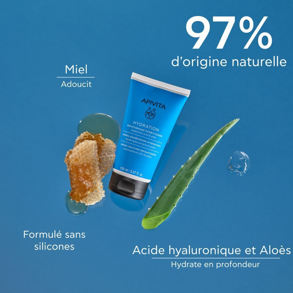 Produit avec rayon de miel, aloe vera. Texte: 97% d'origine naturelle. Sans silicones.
