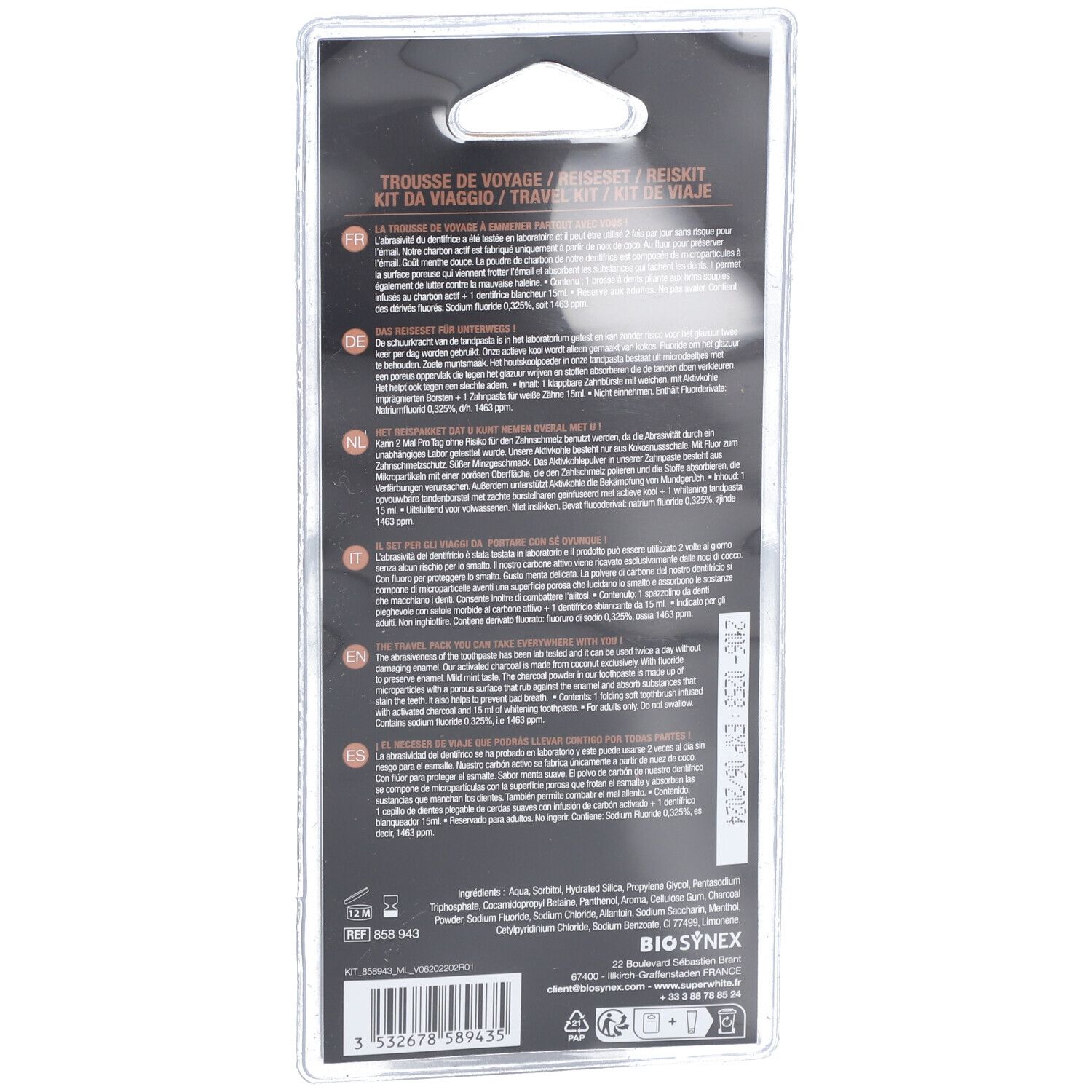 Rückseite der Verpackung des Reisesets. Text in mehreren Sprachen, Inhaltsstoffe und Herstellerinformationen.
