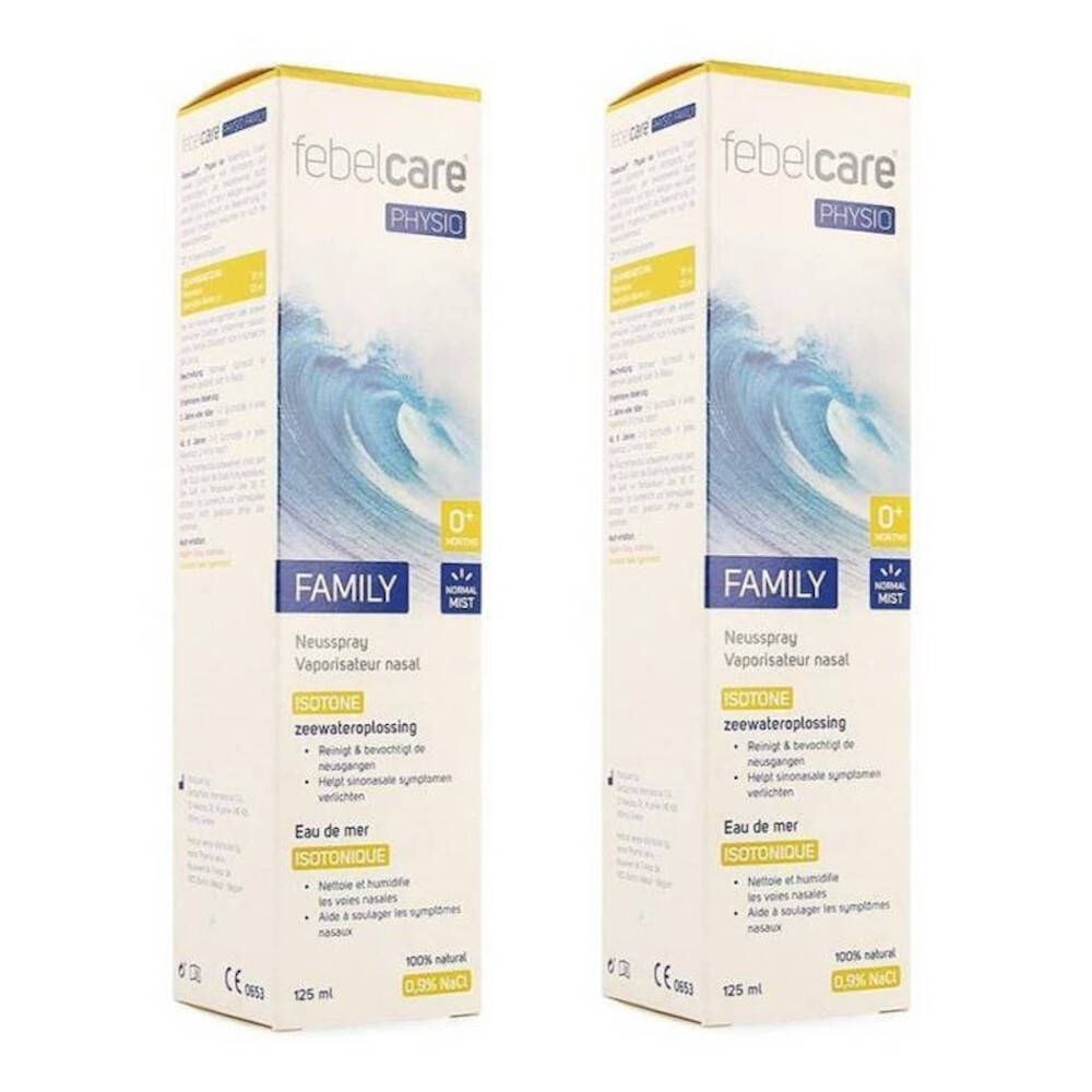 Twee dozen Febelcare Physio Family. Isotonische zeewateroplossing. 125 ml. Wit en blauw design.