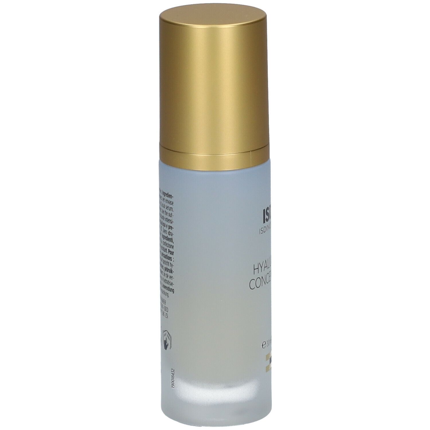 Dos du flacon de sérum. Inscription: ISDIN, Hyaluronic Concentrate. Texte multilingue.