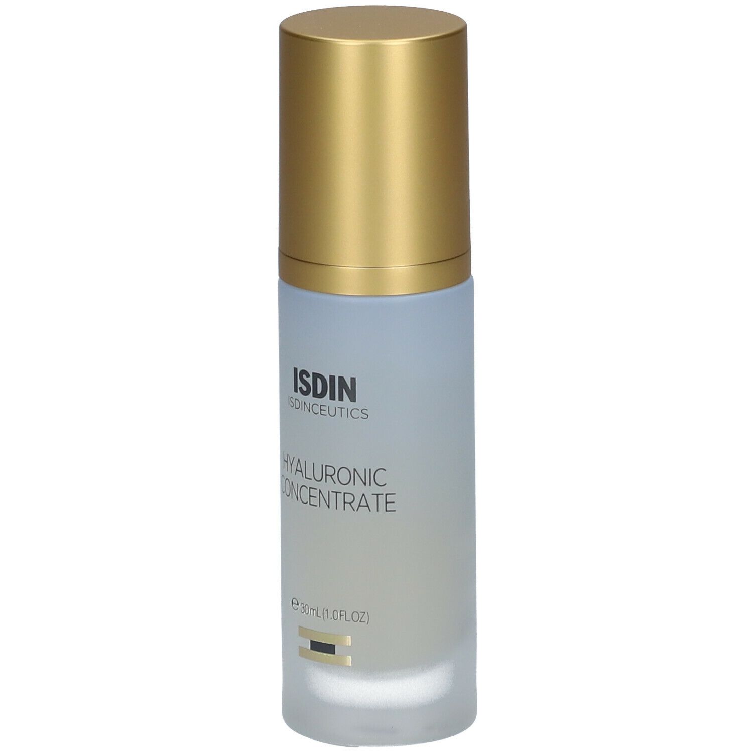 Flacon de sérum avec bouchon doré. Inscription: ISDIN, Hyaluronic Concentrate. Contenance: 30 ml.