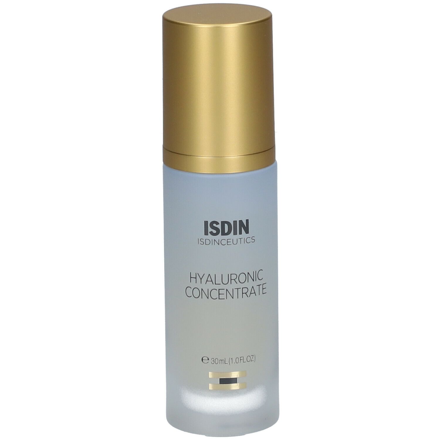 Flacon de sérum avec bouchon doré. Inscription: ISDIN, Hyaluronic Concentrate. Contenance: 30 ml.