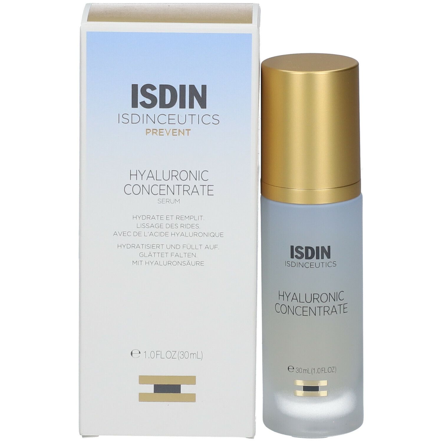 Flacon de sérum et emballage. Inscription: ISDIN, Hyaluronic Concentrate Serum. Contenance: 30 ml.