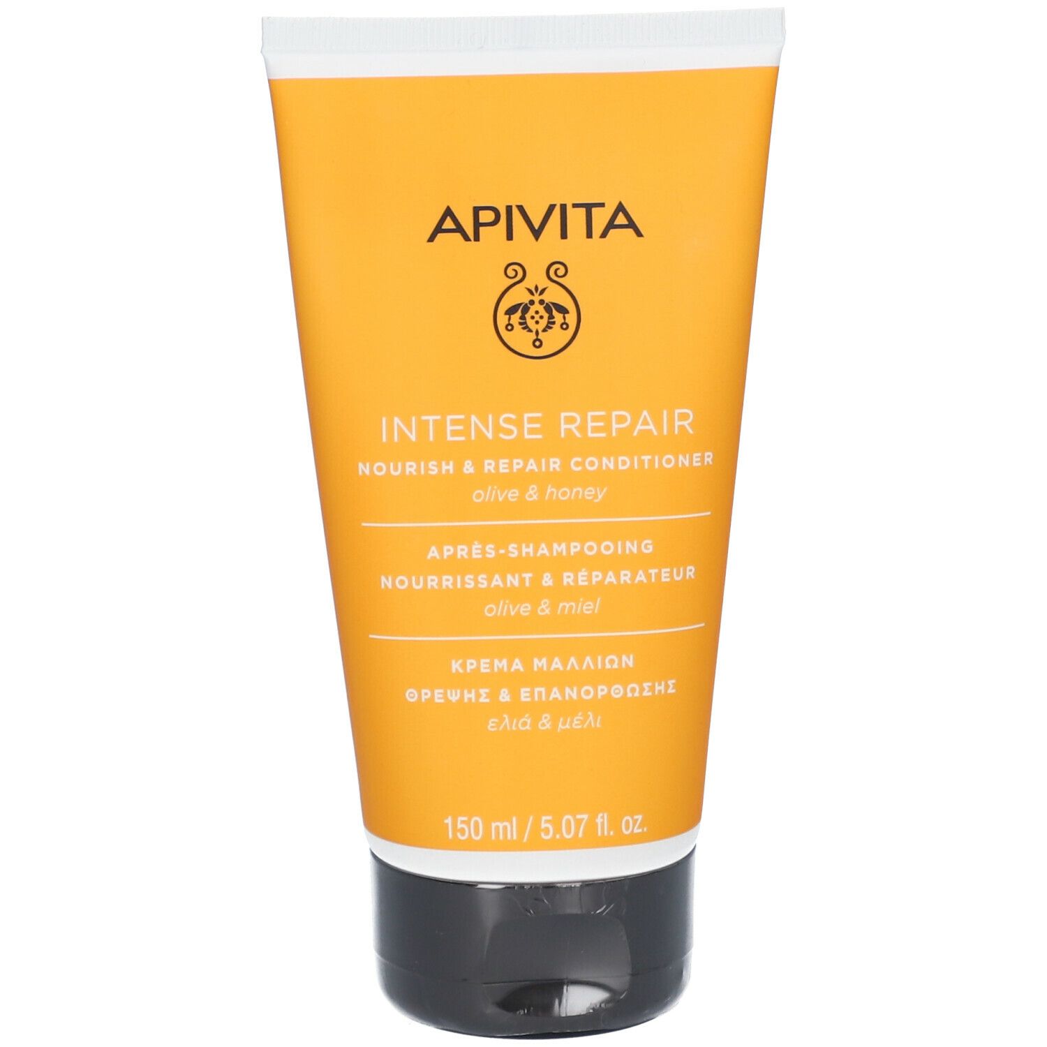 Geel-oranje tube met zwarte dop. Opschrift: APIVITA, INTENSE REPAIR, conditioner. Tekst in meerdere talen.