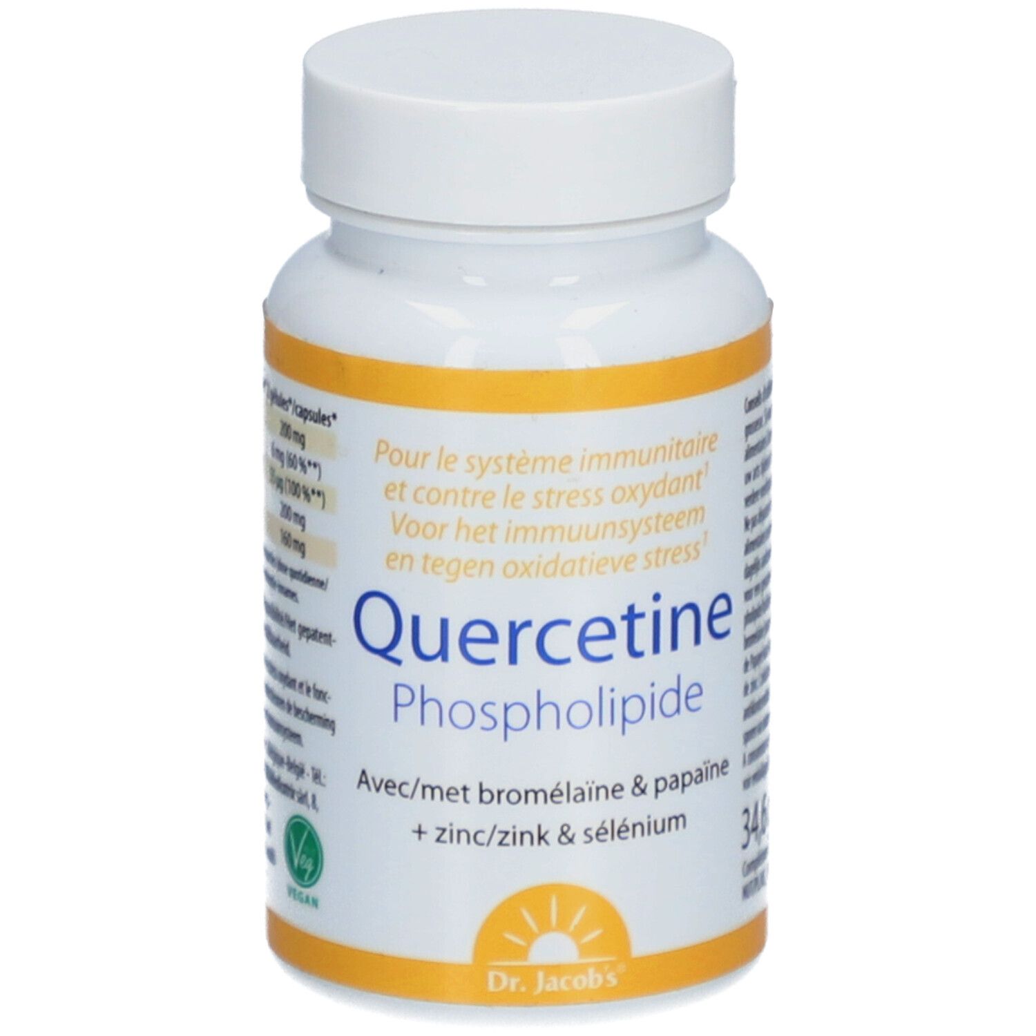 Witte capsulefles met geel etiket. Opschrift: Quercetine Phospholipide, met informatie. Vegan-zegel.