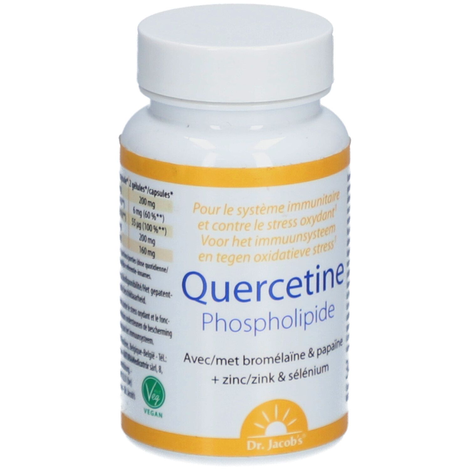 Witte capsulefles met geel etiket. Opschrift: Quercetine Phospholipide, met informatie. Vegan-zegel.