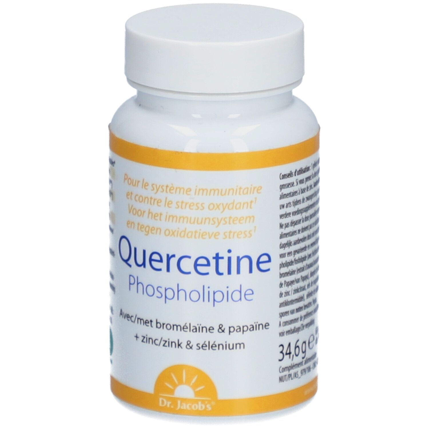 Witte capsulefles met geel etiket. Opschrift: Quercetine Phospholipide, met informatie. Vegan-zegel.