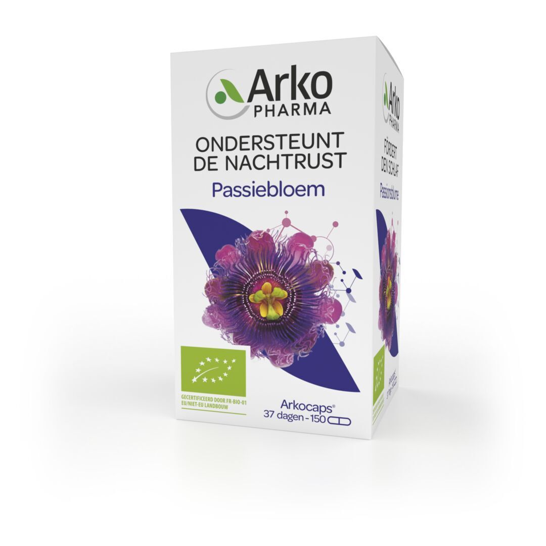 Verpakking capsules. Opschrift: Arkopharma, Passiebloem, 150 capsules, Bio-certificering.
