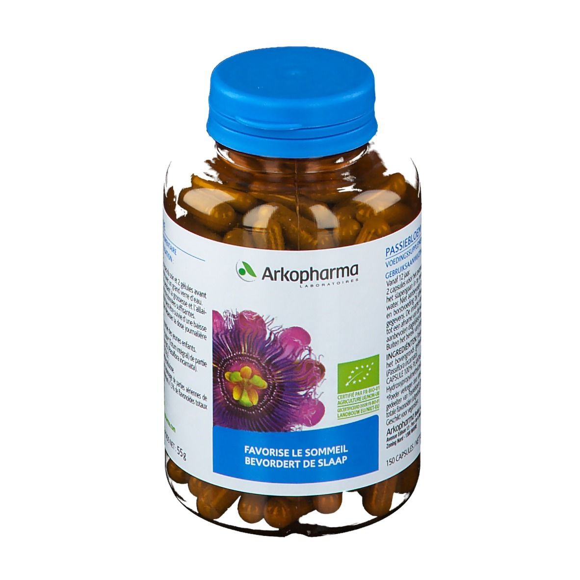 Flacon transparent de gélules avec bouchon bleu. Inscription: Arkopharma, Passiflore, certification Bio.