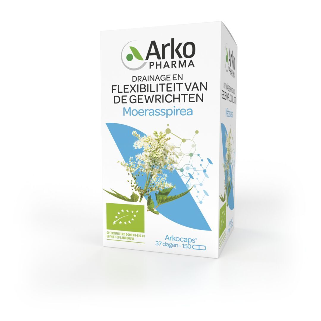 Witte verpakking met capsules. Opschrift: Arkopharma. Drainage en flexibiliteit van de gewrichten.