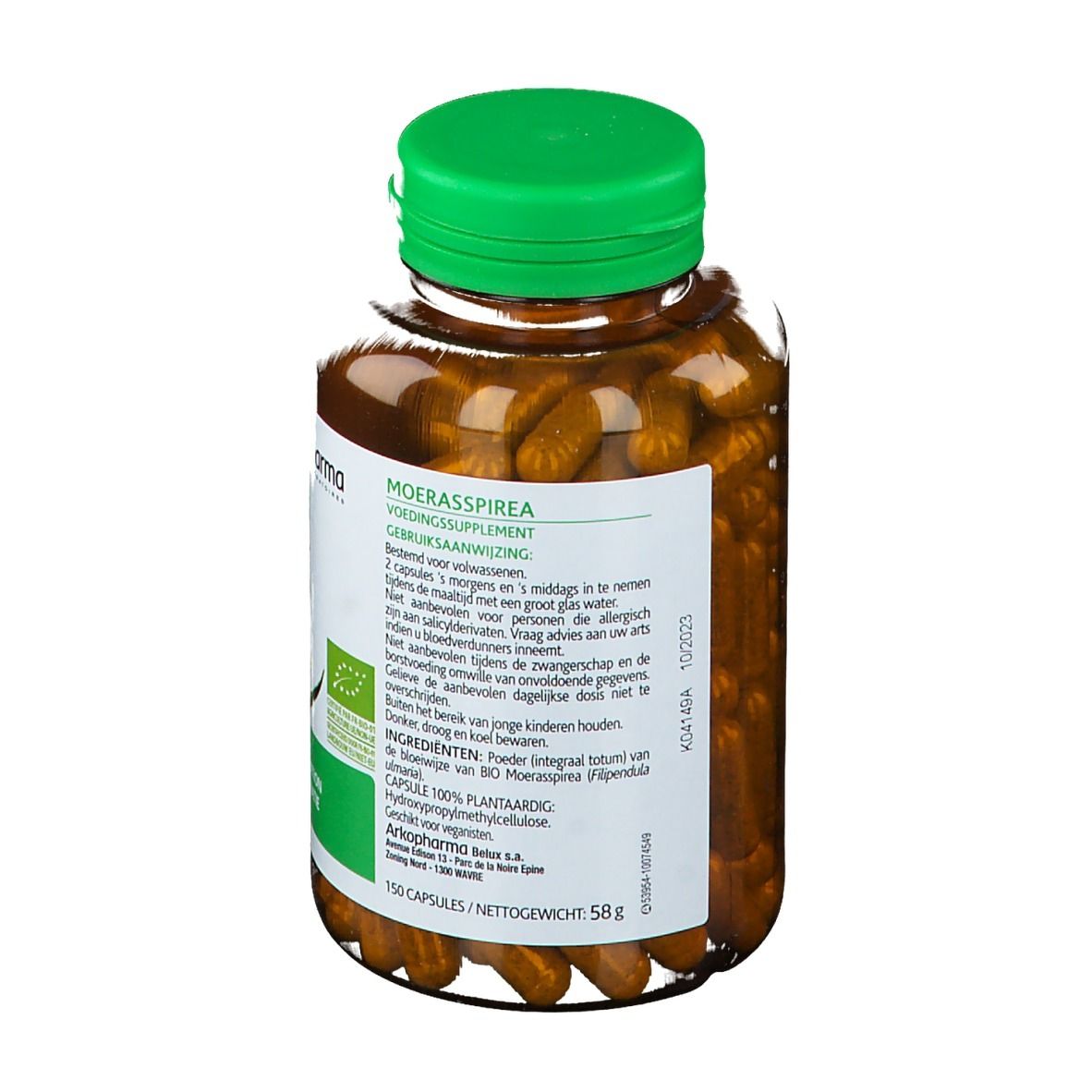 Achterkant van de fles met bruine capsules. Groene dop. Etiket met tekst. Opschrift: Moerasspirea.