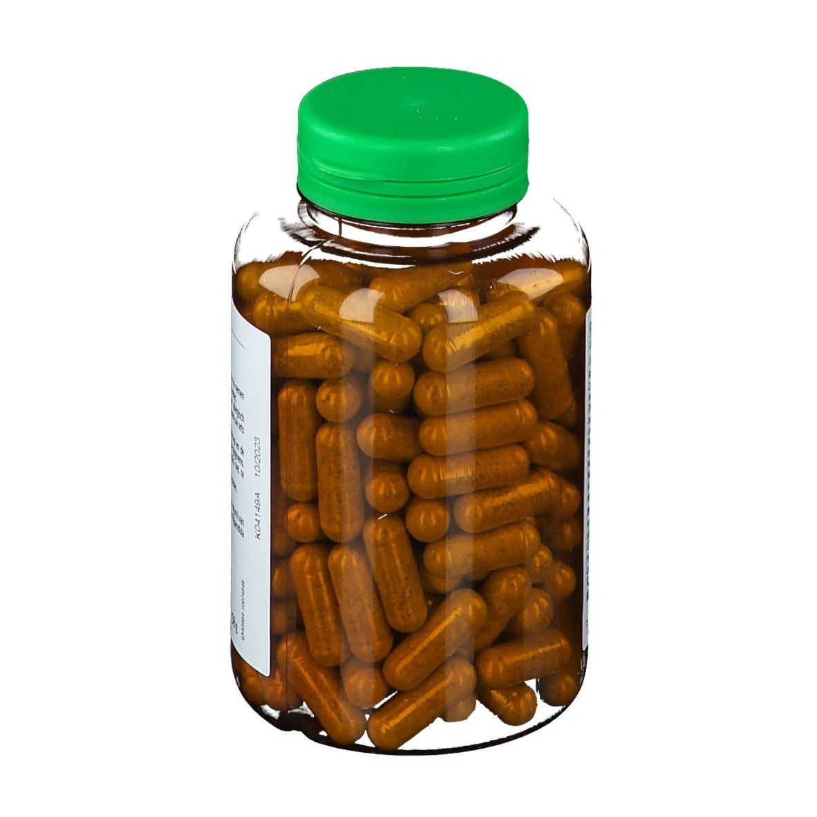 Transparante fles met bruine capsules. Groene dop. Capsules zijn langwerpig.