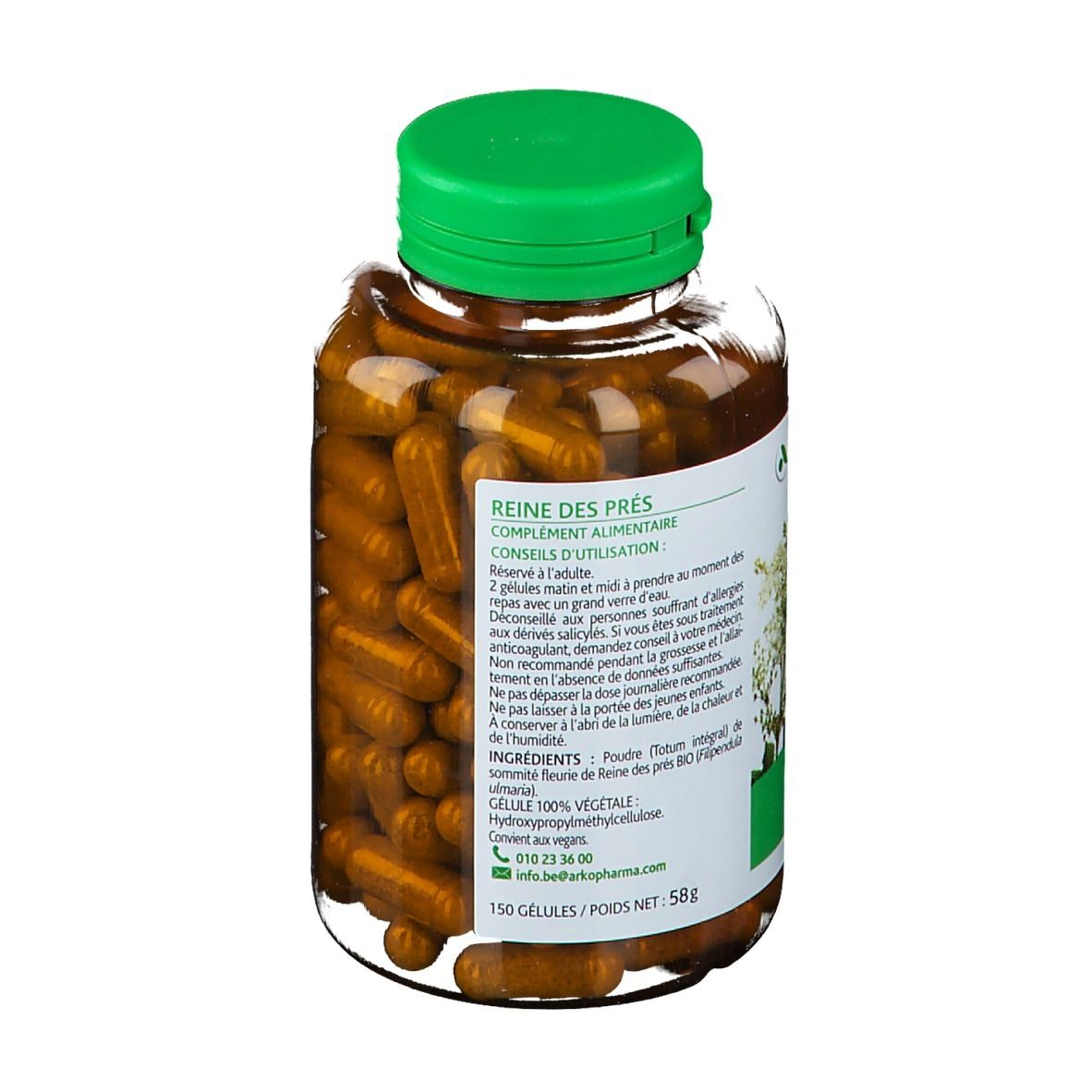 Achterkant van de fles met bruine capsules. Groene dop. Etiket met tekst. Opschrift: Reine des prés.