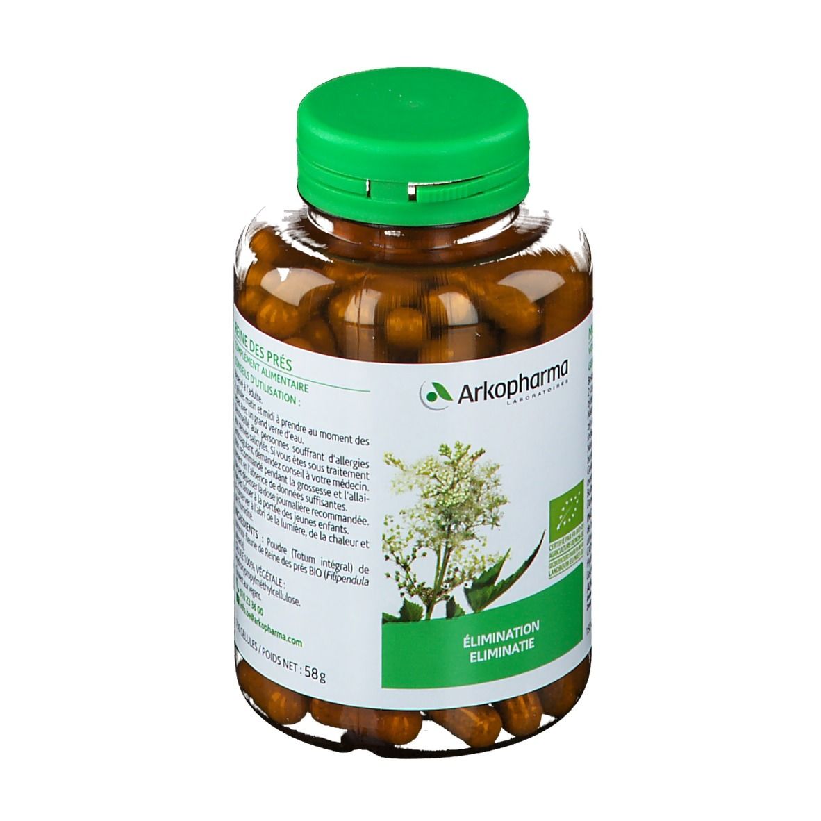 Fles met bruine capsules. Groene dop. Etiket met logo en tekst. Opschrift: Elimination.