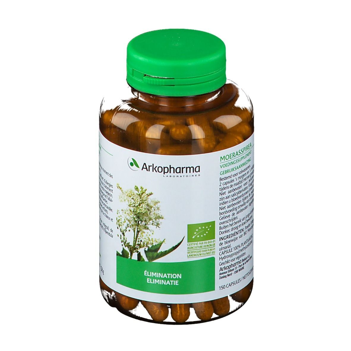 Fles met bruine capsules. Groene dop. Etiket met logo en tekst. Opschrift: Elimination.