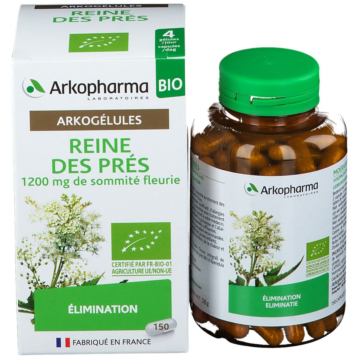 Verpakking en fles met capsules. Opschrift: Arkogélules Reine des Prés. Bio-certificering.