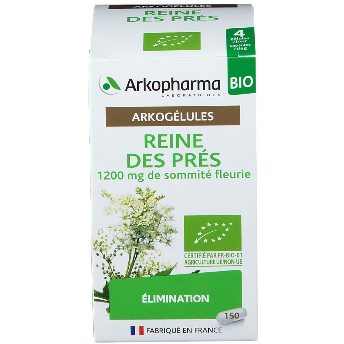 Witte verpakking met capsules. Opschrift: Arkogélules Reine des Prés. Bio-certificering.