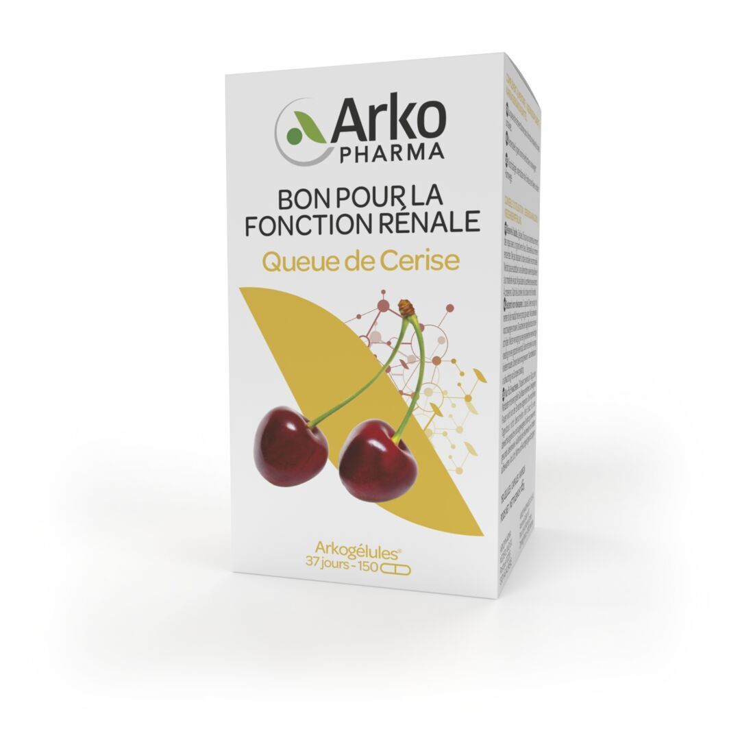 Emballage produit avec illustration de cerises. Contient 150 gélules. Informations textuelles et logo de la marque.
