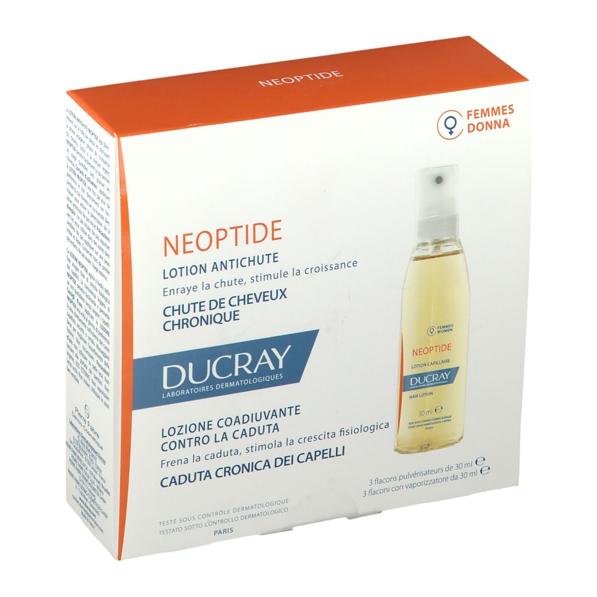 Verpakking met lotion tegen haaruitval. Bevat drie flacons met verstuiver. Merk DUCRAY, productnaam NEOPTIDE.