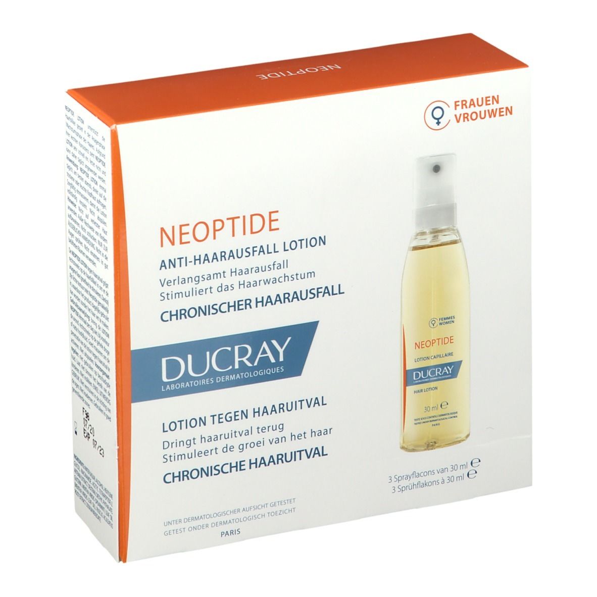 Verpakking met lotion tegen haaruitval. Bevat drie flacons met verstuiver. Merk DUCRAY, productnaam NEOPTIDE.