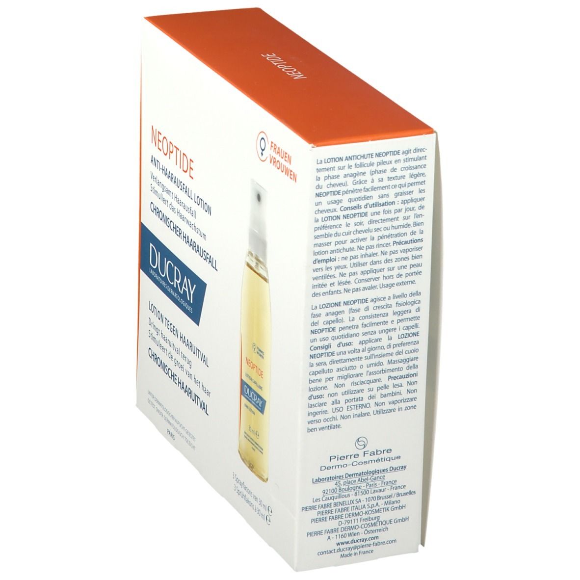 Verpakking met lotion tegen haaruitval, achteraanzicht. Merk DUCRAY, productnaam NEOPTIDE. Tekst in Frans en Nederlands.