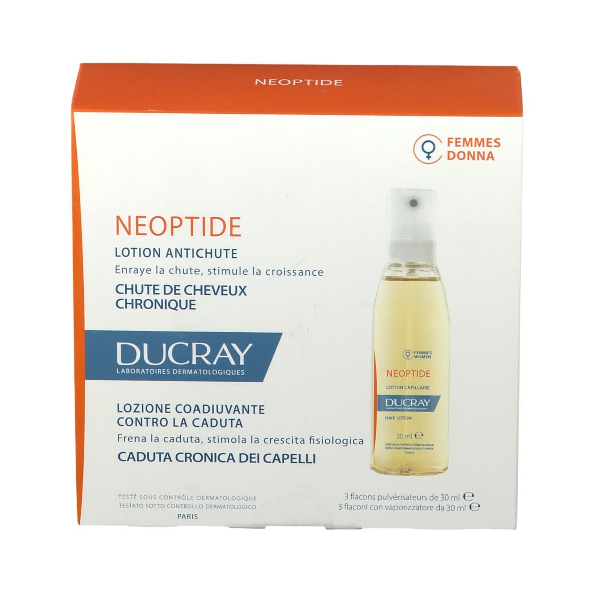 Verpakking met lotion tegen haaruitval. Bevat drie flacons met verstuiver. Merk DUCRAY, productnaam NEOPTIDE.