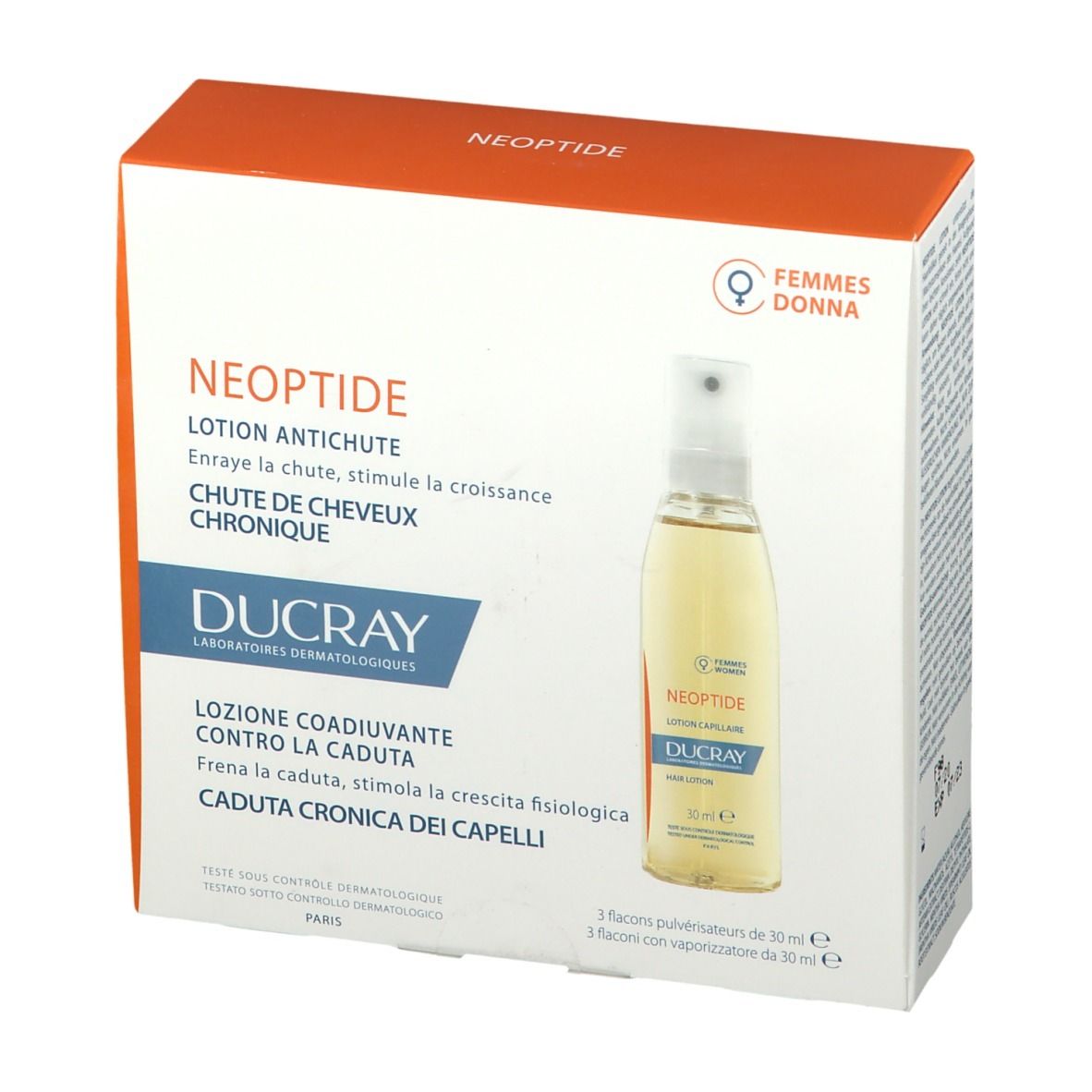 Verpakking met lotion tegen haaruitval. Bevat drie flacons met verstuiver. Merk DUCRAY, productnaam NEOPTIDE.