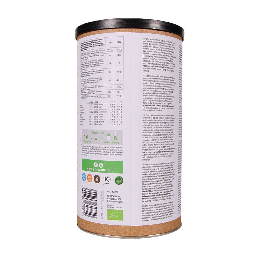 Dos d'une boîte marron avec couvercle noir. Texte avec informations nutritionnelles et ingrédients. Label bio.