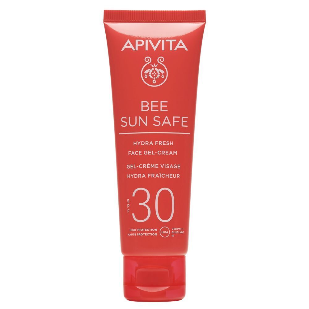 Rode tube APIVITA BEE SUN SAFE 30. Gel-crème voor het gezicht. SPF 30. Hydra Fresh.