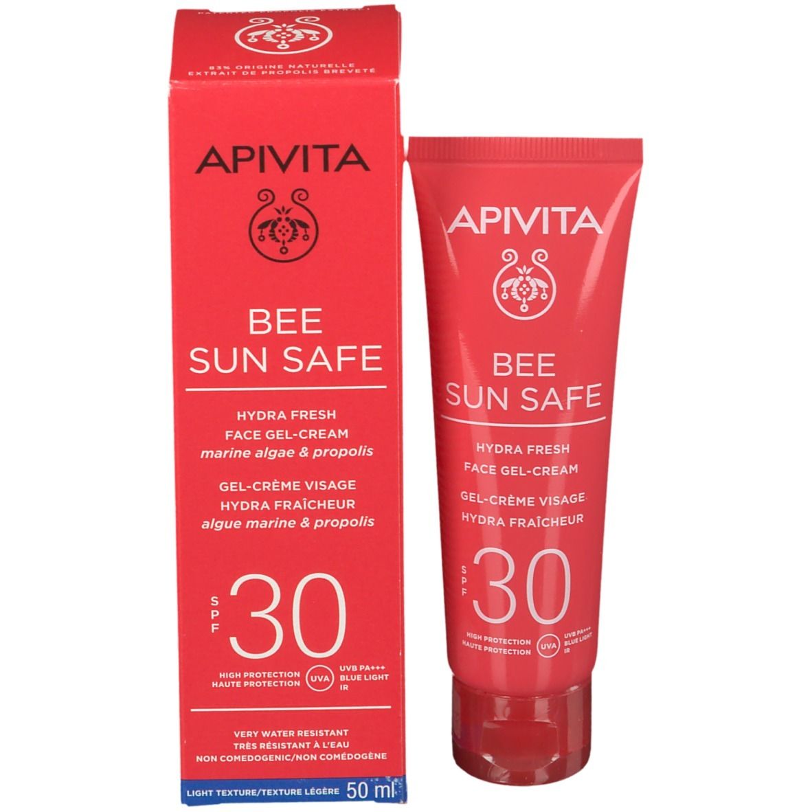 Rode doos en tube APIVITA BEE SUN SAFE 30. Gel-crème voor het gezicht. SPF 30. Hydra Fresh.