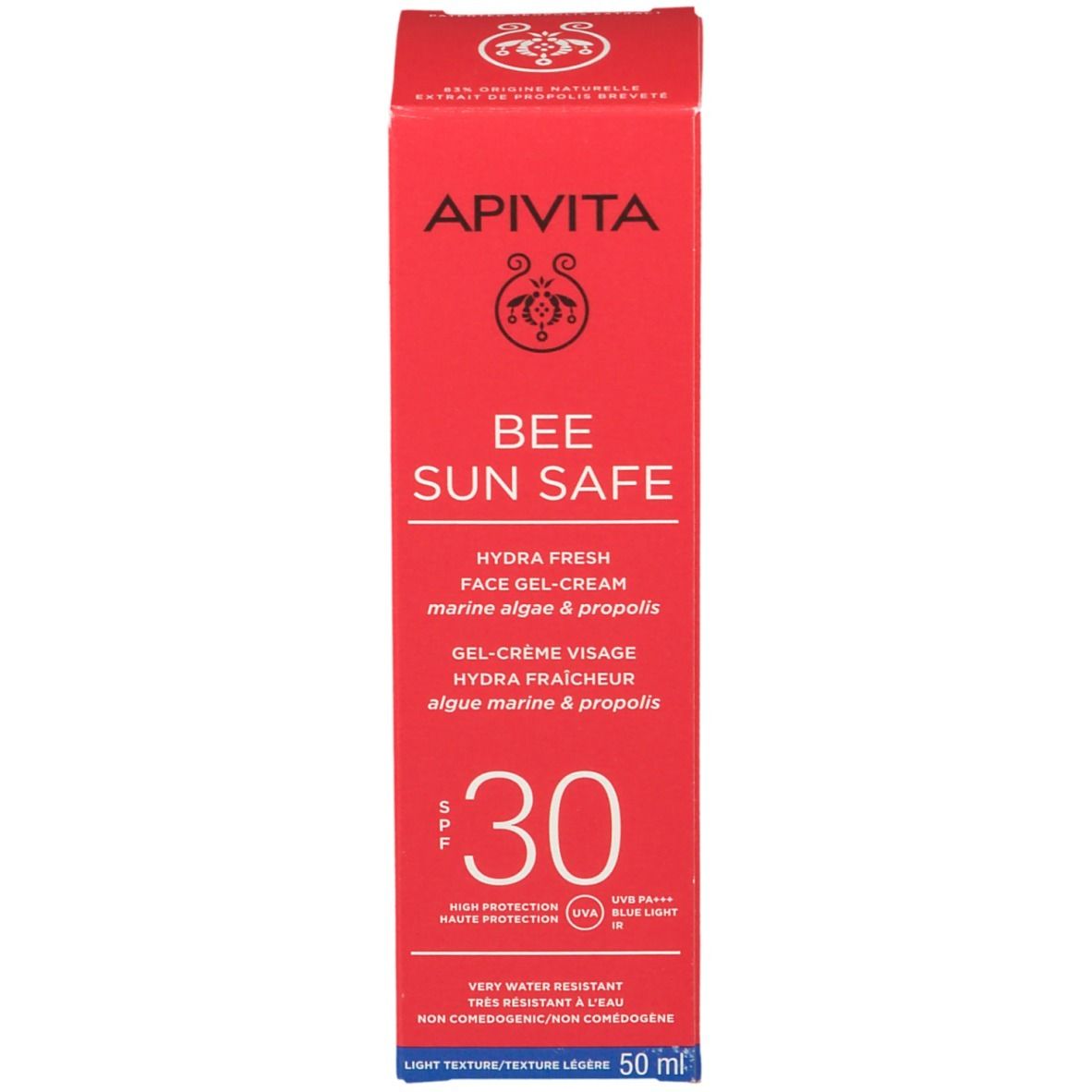 Rode doos APIVITA BEE SUN SAFE 30. Gel-crème voor het gezicht. SPF 30. Hydra Fresh.