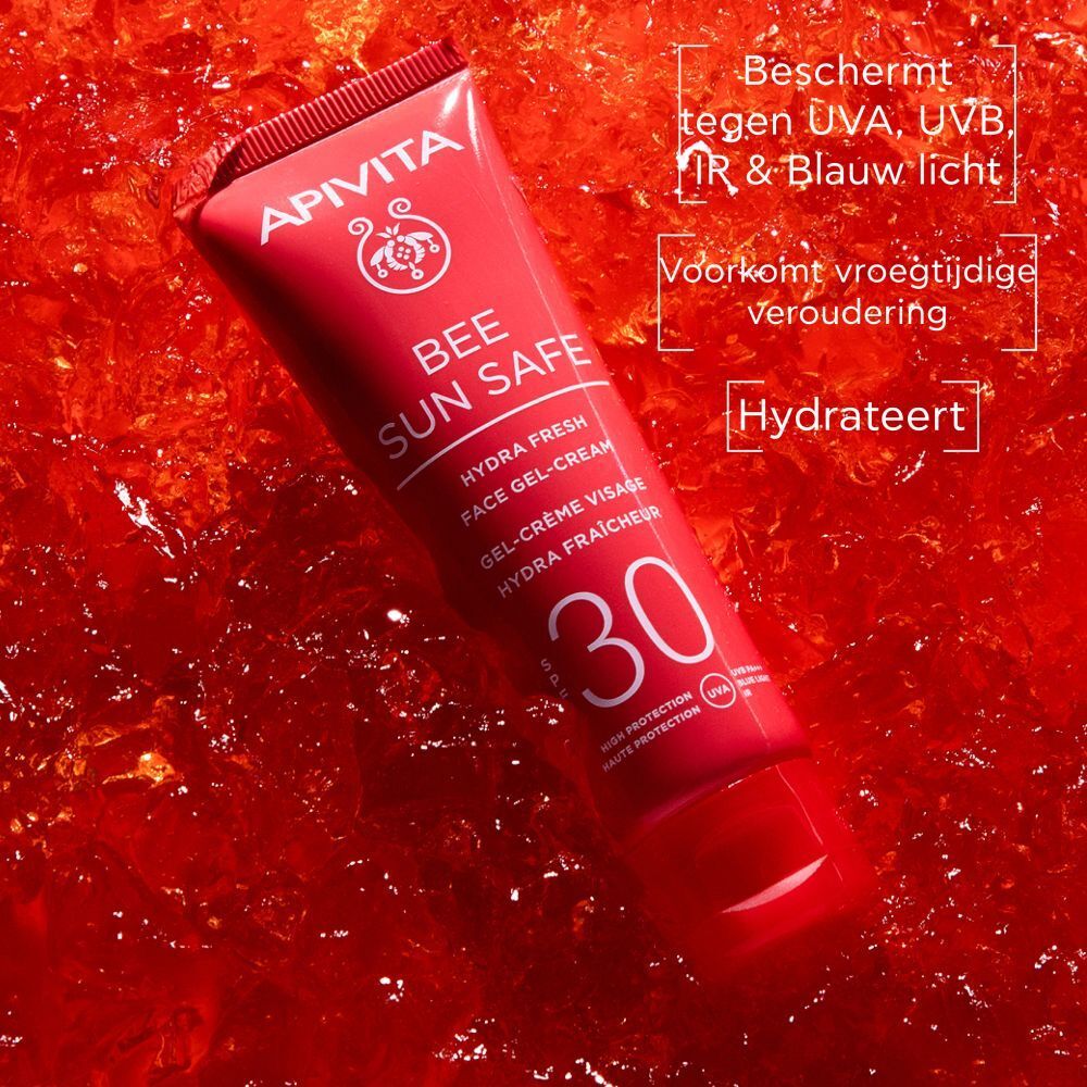 Rode tube APIVITA BEE SUN SAFE 30. Gel-crème voor het gezicht. SPF 30. Hydra Fresh.