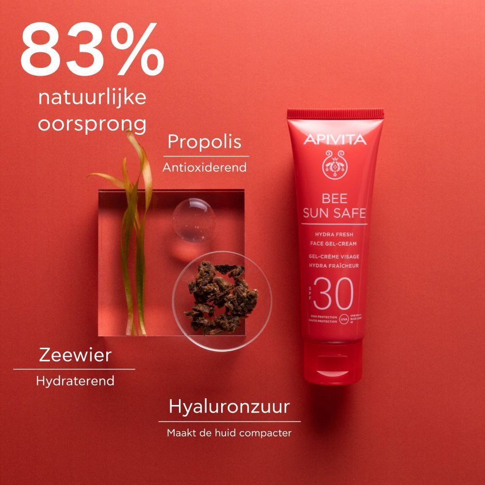 Rode tube APIVITA BEE SUN SAFE 30. Gel-crème voor het gezicht. SPF 30. Hydra Fresh.