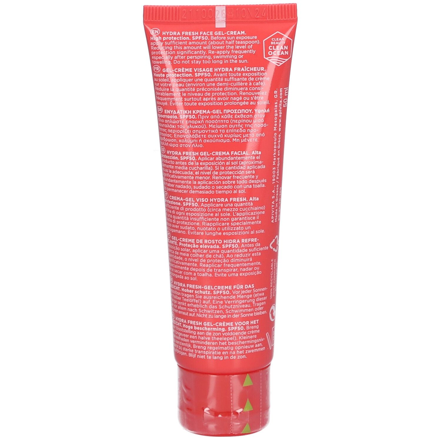 Rückseite der Sonnencreme-Tube. Text in mehreren Sprachen.