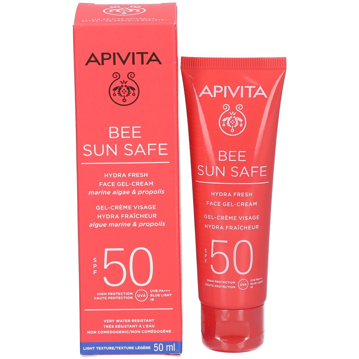Rote Schachtel und Tube mit Sonnencreme. Aufschrift: APIVITA BEE SUN SAFE, SPF50.