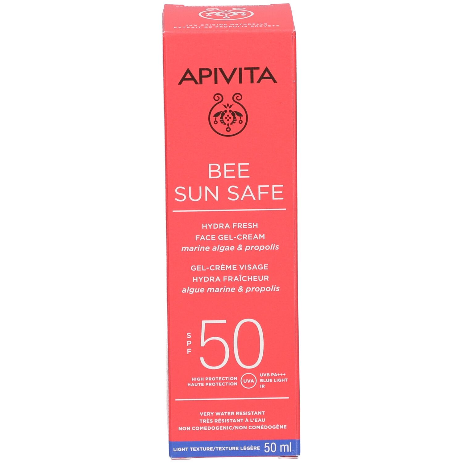 Rote Schachtel mit Sonnencreme. Aufschrift: APIVITA BEE SUN SAFE, SPF50.