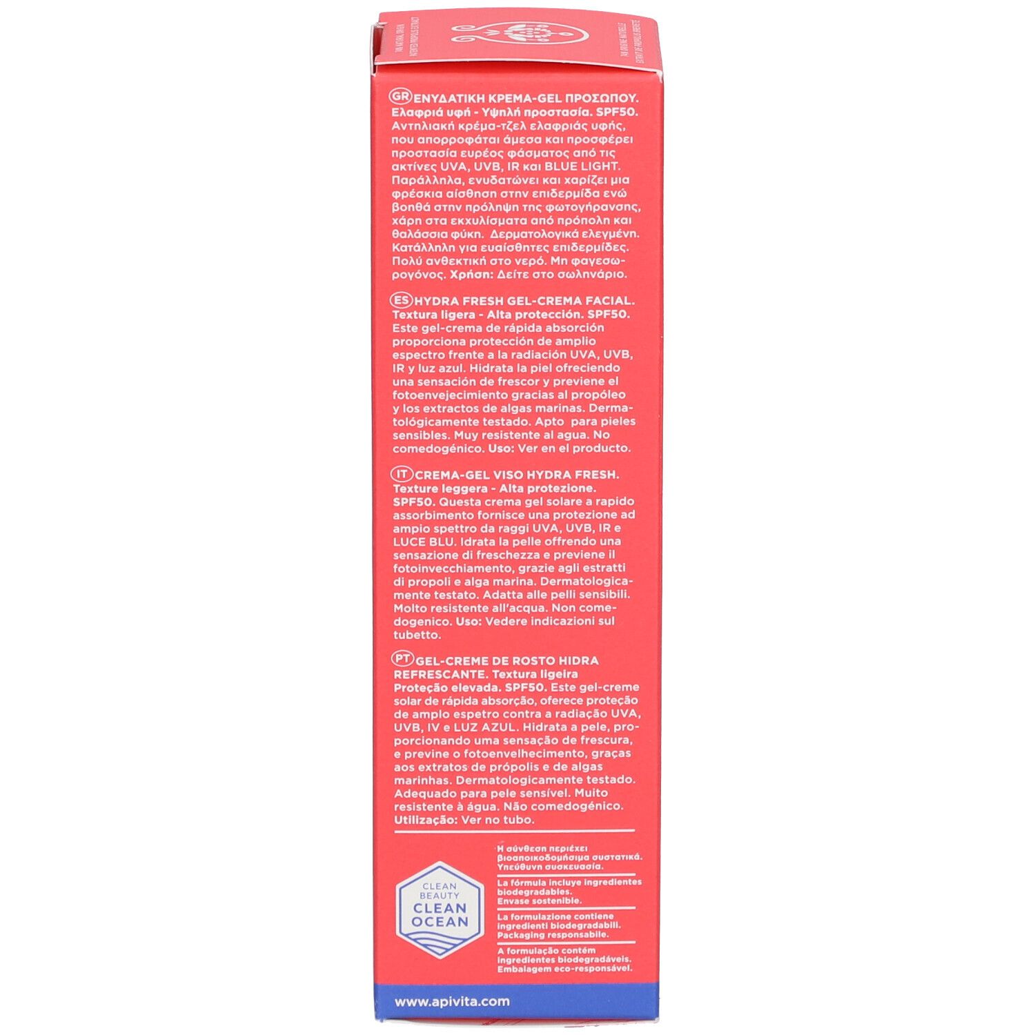 Rückseite der Sonnencreme-Schachtel. Text in mehreren Sprachen.