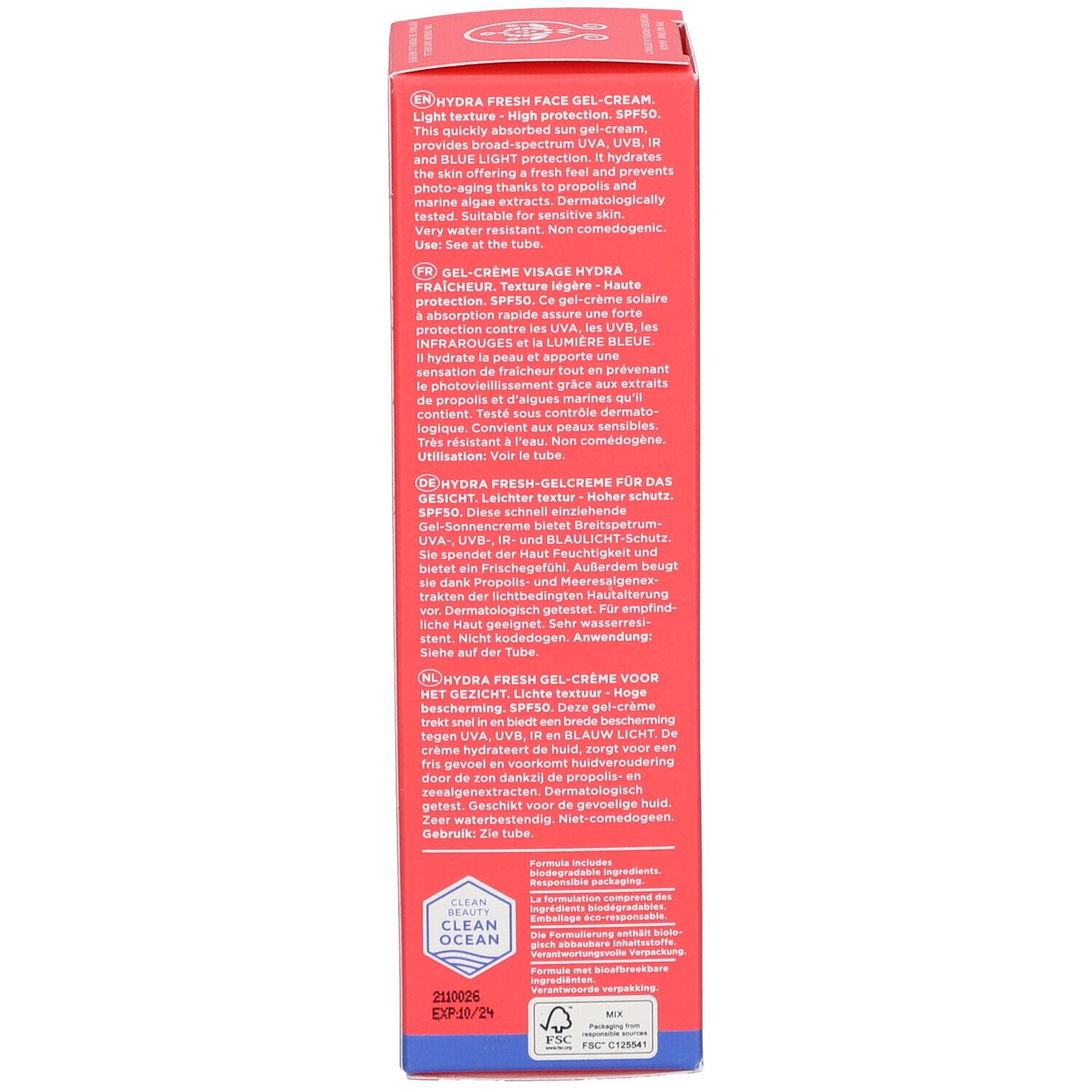 Rückseite der Sonnencreme-Schachtel. Text in mehreren Sprachen.