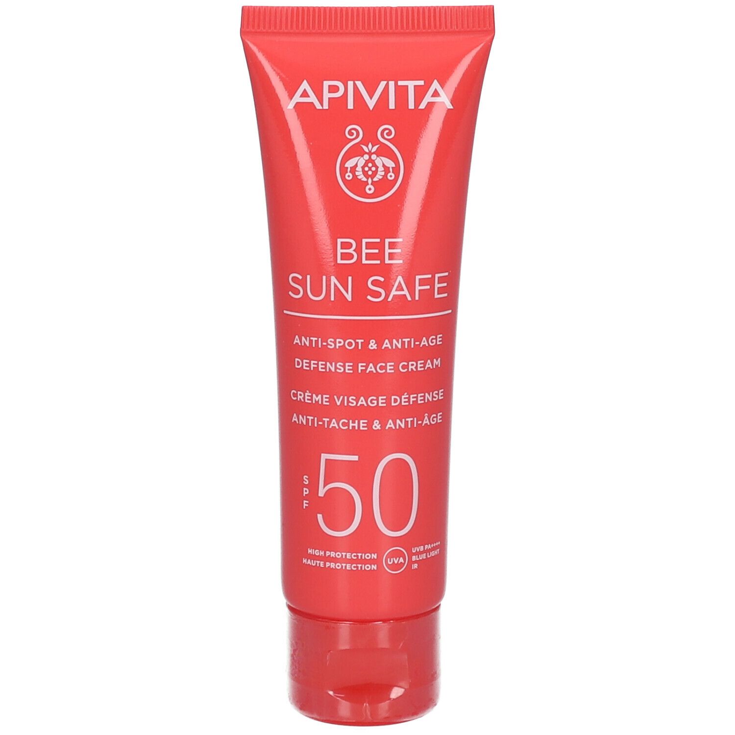 Tube rouge APIVITA BEE SUN SAFE. Crème visage défense anti-taches & anti-âge SPF 50. Protection solaire.