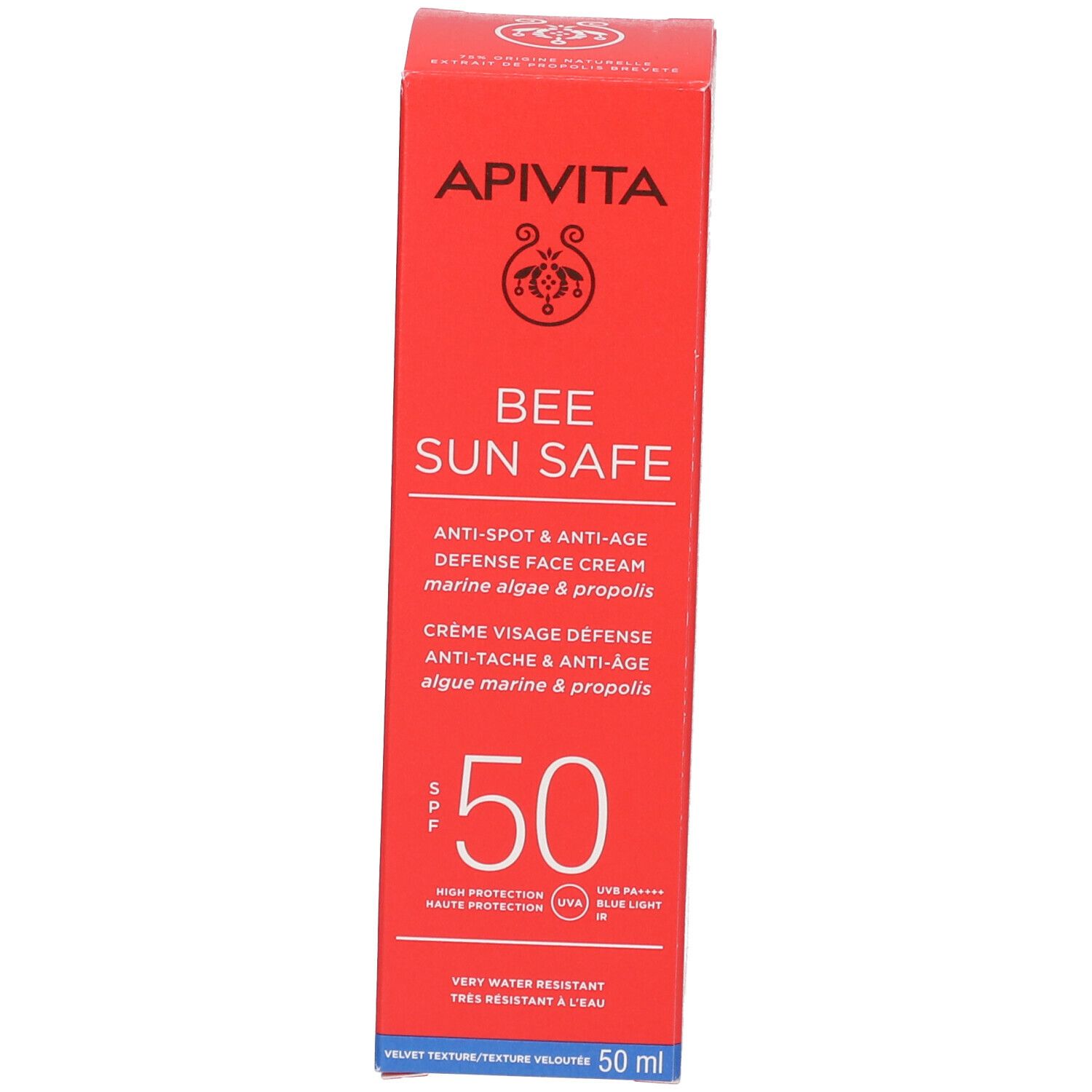Boîte rouge APIVITA BEE SUN SAFE. Crème visage défense anti-taches & anti-âge SPF 50. 50 ml.