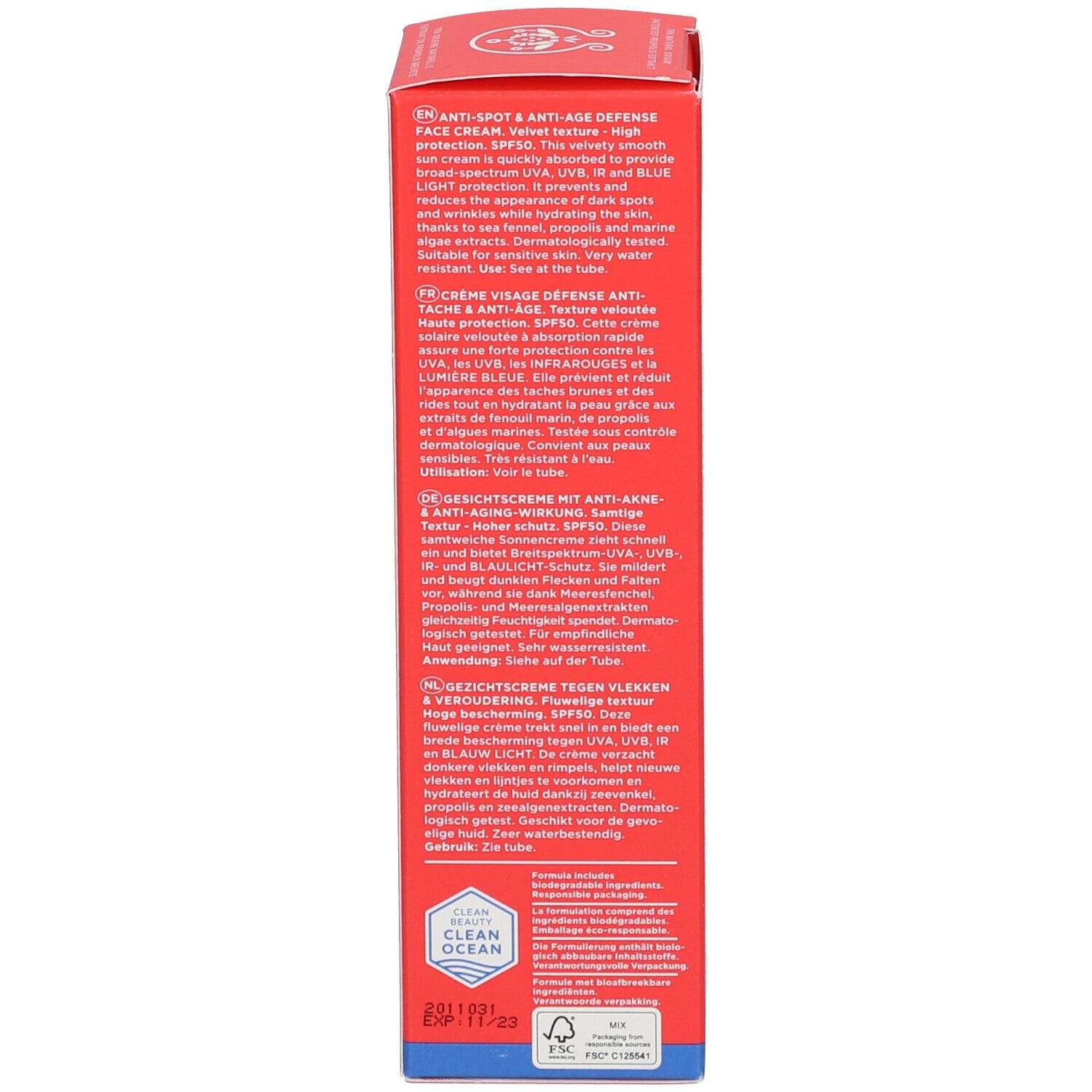 Dos de la boîte rouge. Texte multilingue. Informations sur l'utilisation et les ingrédients.
