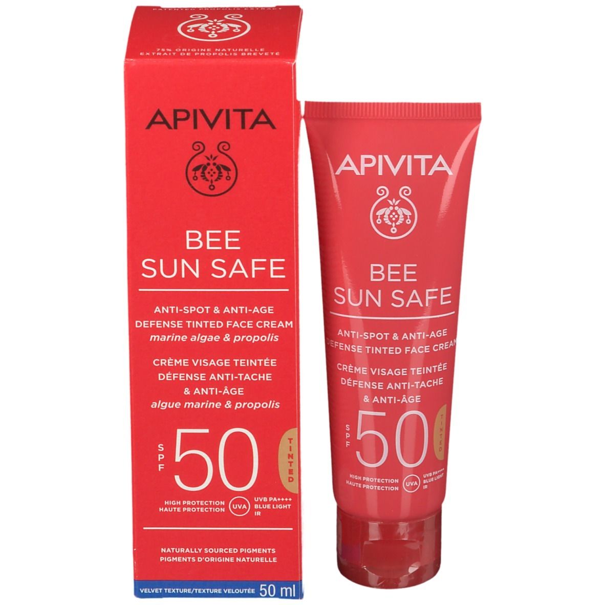 Rode tube en doos. Opschrift: APIVITA, BEE SUN SAFE, Anti-vlekken & Anti-age, getinte gezichtscrème, SPF 50. 50 ml.